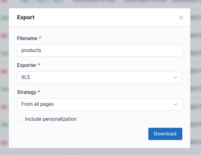 Export modal with the Tabler theme